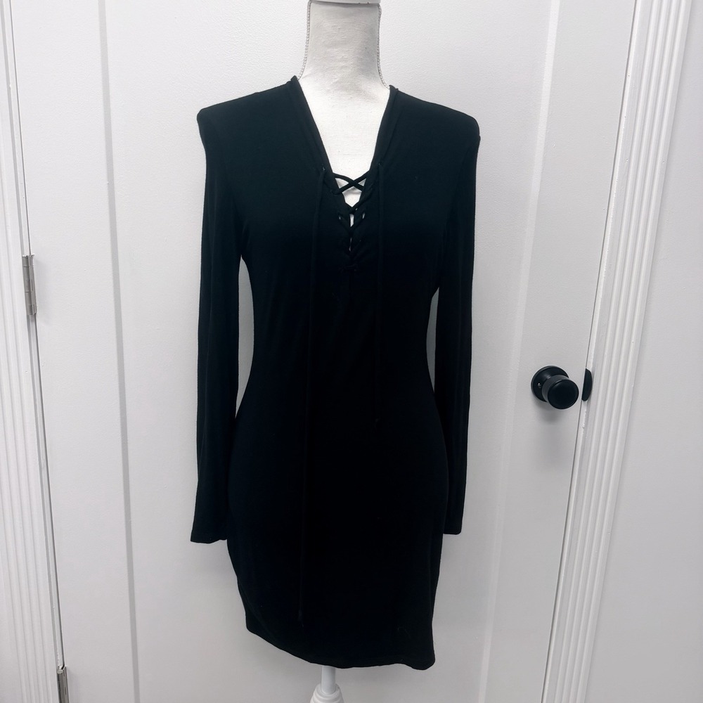 Black V neck lace Up Long sleeve Dress Bodycon Mini